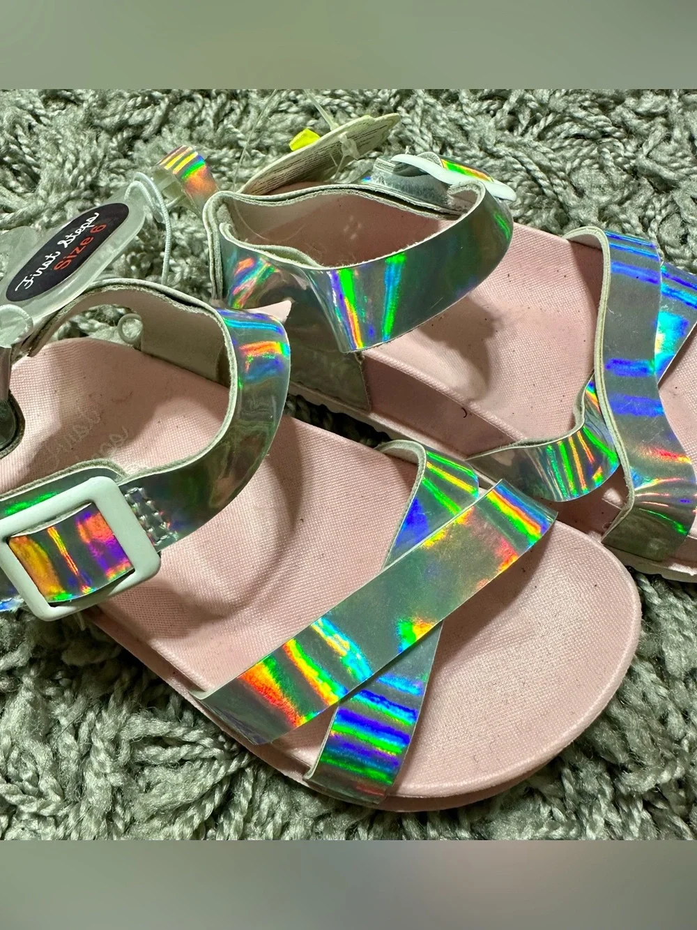 First Steps Girls' Holographic Silver Sandals - Pink Footbed (Size 6)